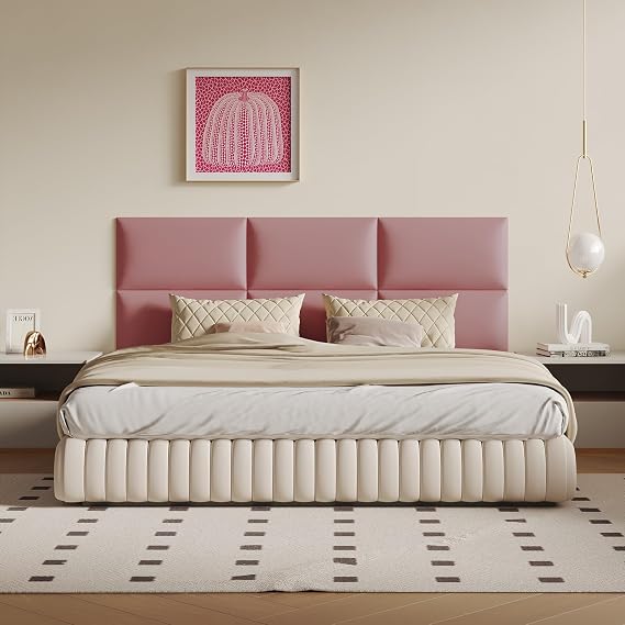 Pink Freestanding Headboard Queen Size - 9 Panels DIY Bed Backboard Soft Faux Leather, 24"x12" Panel Low Profile Design