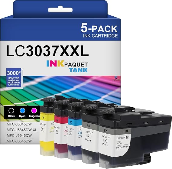LC3037 XXL Ink Cartridges Super High Yield (5-Pack, 2Black/1Cyan/1Magenta/1Yellow) - Replacement for Brother MFC-J5845DW MFC-J6945DW MFC-J6545DW MFC-J5945DW Printer