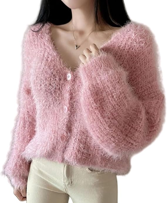 Fuzzy Cardigan Sweaters for Women Mohair Sweater Cropped Cardigan Y2k Sweaters Open Front Casual Dailywear