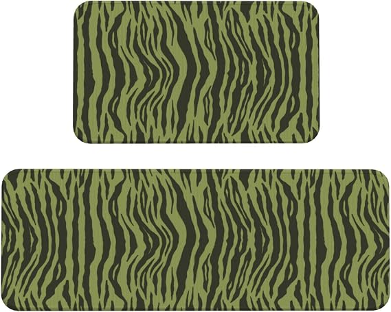 Kitchen Mats for Floor 2 Piece Set, Moss Green Tiger Stripes Animal Print Kitchen Rugs, Cushioned Kitchen Mat for Standing Washable Comfort Desk Kitchen Runners
