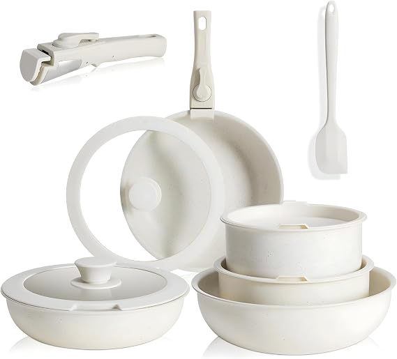 Simple Deluxe 12 Pcs Nonstick Cookware Sets, Pots and Pans Set, White Granite Induction Cookware with Detachable Handle, Oven Safe, PFAS and PFOA Free, Beige