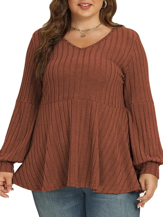 VOGRACE Plus-Size-Tops-for-Women Dressy V Neck Lantern Long Sleeve Shirts Casual Oversized Tunics Knit Pullover Sweaters