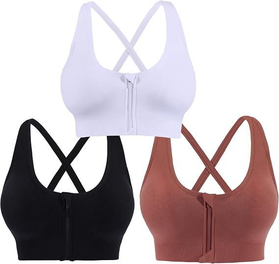 AKAMC 3 Pack Women's Medium Support Cross Back Wirefree Removable Cups Yoga Sport Bra