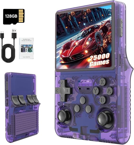 R36S Retro Handheld Game Console, Purple, 3.5 Inch HD Screen, 25,000+ Classic Games, 128G TF Card, Open Source Linux, for Teens and Adults
