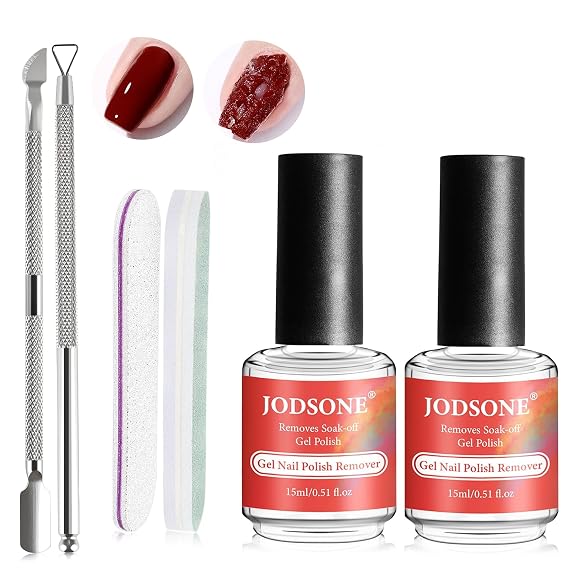 JODSONE Gel Nail Polish Remover Kit, 2Pcs 15ML Quick Soak-Off Gel Remover, Nail Sanding Strips & Cuticle Steel Pushers, Professional At-Home UV Gel Nail Removal Tools Set
