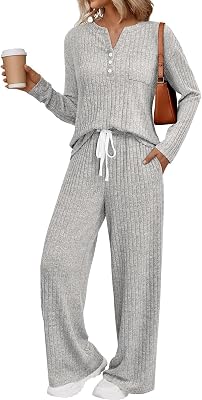 Womens 2 Piece Lounge Sets Outfits Ribbed Henley Neck Sweater Wide Leg Pants 2025 Comfy Matching Sweat Suits