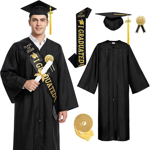 Graduation Gown and Cap Class of 2026 Graduation Gown with Graduation Hat Graduation Sash Rope Classic Graduation Cap and Gown for High School University Master's Degree Doctorate