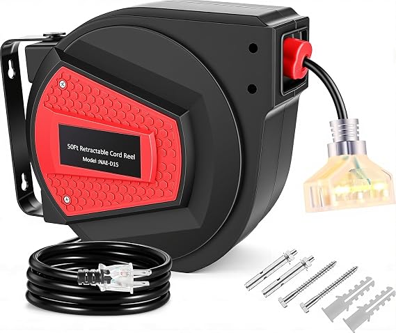 Homdox 50FT Retractable Extension Cord Reel, 14AWG/3C SJTOW Heavy Duty Power Cord Reel with 3 Lighted Outlets, 13A Circuit Breaker, Security Lock, 180 Swivel Mount for Garage Workshop