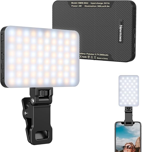 Newmowa Clip Selfie Light for Phone with Smart Light Sensor 2000mAh Black | Rechargeable, Portable video light, for Laptop and Camera, 3 Modes, Phone light for Selfie, Makeup, Video Conference, TikTok