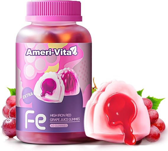 Heme Iron Supplement Gummies for Women 100mg Anemia Men with Vitamins C B12 B6 Folate Salmon Peptides Sugar-Free Non-Constipating Red Grape Flavor Women's Multivitamin with Gentle Iron 120Count