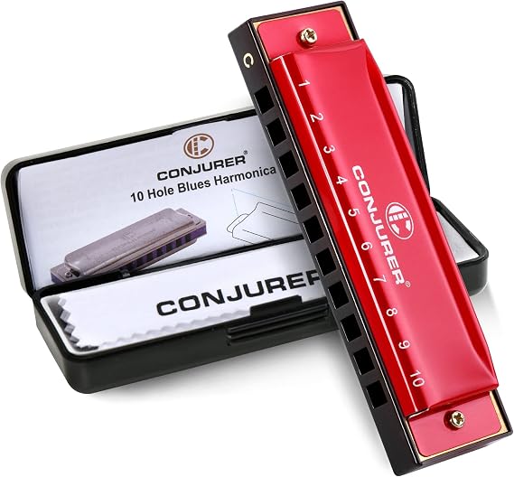 CONJURER 10 Hole C Key Diatonic Blues Harmonica, Metal Mouth Organ Red