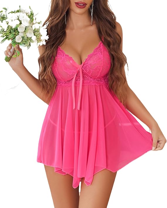 Avidlove Women Lingerie Lace Babydoll Mesh Nightgown Chemise Boudoir Nighty
