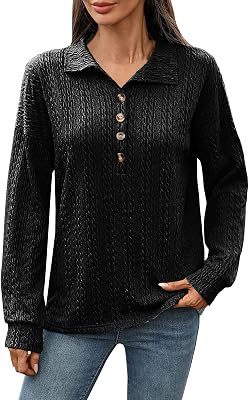 Womens Polo Shirts Long Sleeve Casual Loose Fit Plain Knit Golf Tshirts Fall Lightweight V-Neck Sports Work Trendy Tees