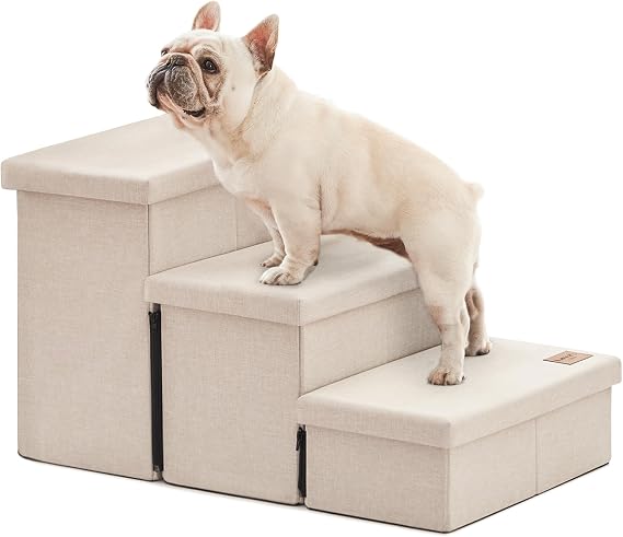 Love's cabin Dog Stairs for High Bed, Foldable Pet Stairs for Small Medium or Large Dogs Puppy with Storage for Bed or Couch, Cat Dog Steps Ramp with Zip up to 200 lbs, Beige, 3 Steps