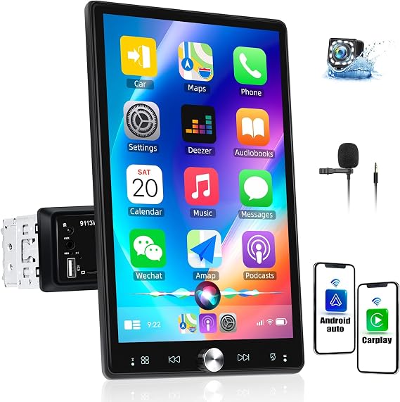 CAMECHO Single Din Car Stereo with Wireless Apple Carplay Android Auto, 10.4" IPS Vertical Touch Screen Car Play, Bluetooth 5.2 Car Audio Receivers, Car Radio with Backup Camera, FM/USB/TF/AUX