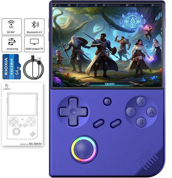RG40XX V Handheld Game Consoles RG40XXV Retro Game Console Built-in 64G TF Card RG 40XXV Portable Gaming Console Linux 64-bit System Supports WiFi Bluetooth HDMI and TV Output Black Blue