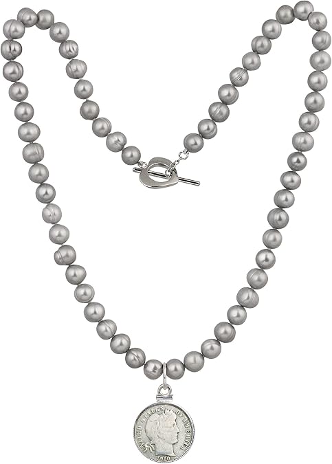 Barber Dime Coin Pendant | Grey Pearl Necklace | Heart Toggle Closure