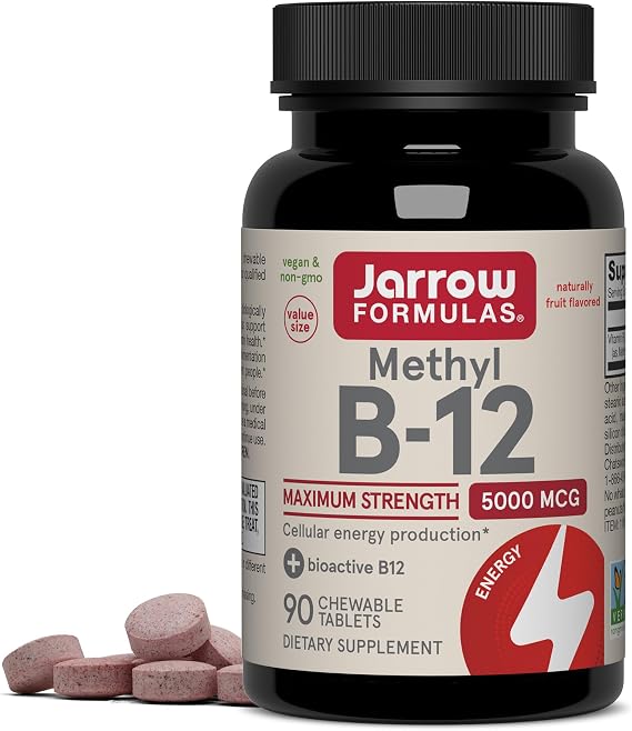 Jarrow Methyl Vitamin B-12 5000 mcg, Cellular Energy, 90 Chewable Tablets | Fruit Flavored, Bioactive B12 Vitamin, Supports Cellular Energy Production, Brain Health & Metabolism, 90 Servings