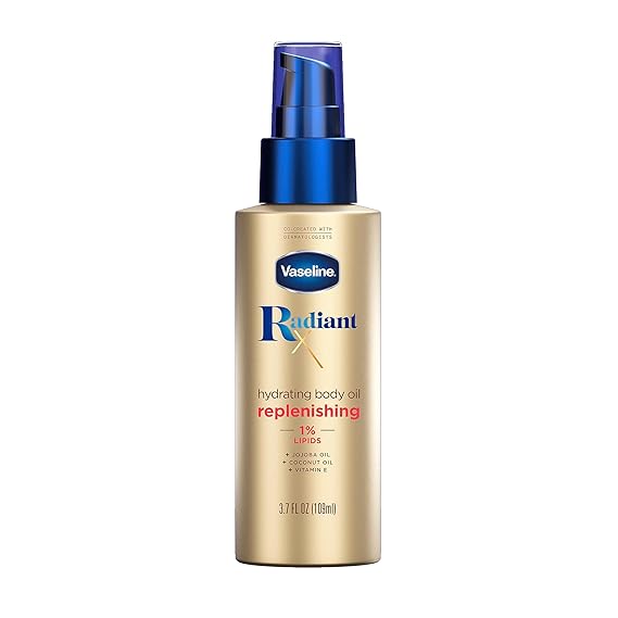 Vaseline Radiant X Replenishing and Hydrating Body Oil For Dull Skin 3.7oz | Quick-absorbing, non-sticky moisturizer formula,hydrates and adds glow with 1% Lipids, Jojoba Oil, Coconut Oil, Vitamin E