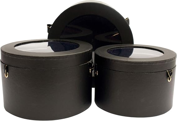 Emartbuy Set of 3 Rigid Luxury Round Presentation Flower Gift Box, Black Print with Transparent Top, Double Layer Interior and Black and Gold Satin Ribbon Handles