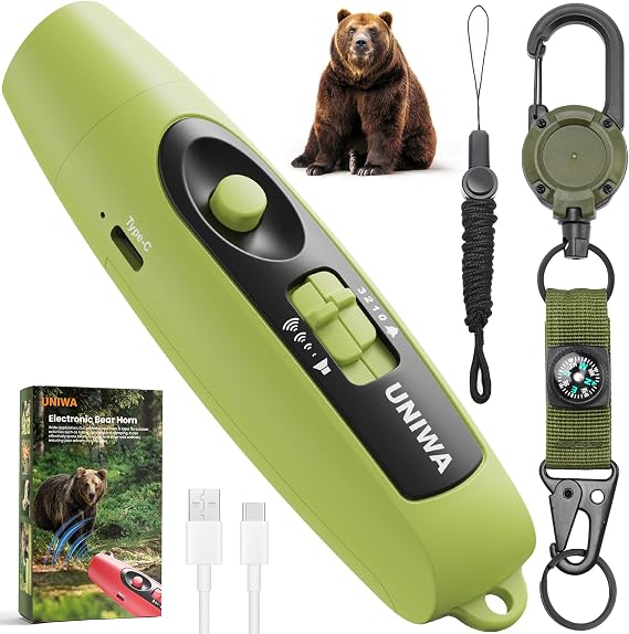 UNIWA Electronic Air Bear Horn, 1205 dB Loud Air Horn for Safety Hiking Camping Emergency Whistle with Compass & Retractable Hook, Bear Horn to Scare Bears - Self Defense for Hiking