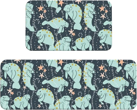 Kitchen Mats for Floor 2 Piece Set, Manatee Starfish Kitchen Rugs, Cushioned Kitchen Mat for Standing Washable Comfort Desk Kitchen Runners