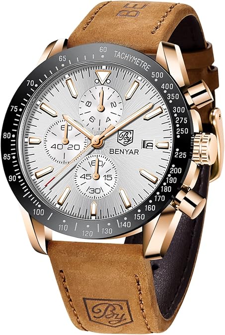 BENYAR Watch for Men Analog Quartz Chronograph Waterproof Luminous Designer Mens Wrist Watches Business Work Sport Casual Dress Watch with Silicone Strap Elegant Gifts for Men