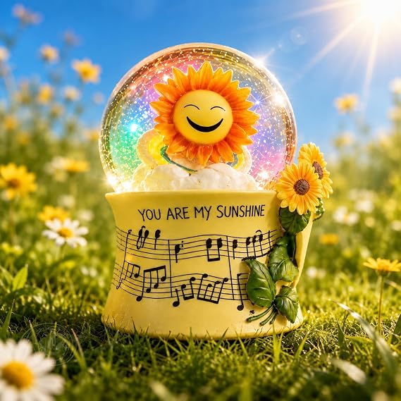 You are My Sunshine Snow Globe Music Box with Colorful Lights, Sunflower Musical Snowglobe, Wind Up Resin Flower Music Box Gifts for Mom Wife Girlfriend Grandma Women Birthday Anniversary