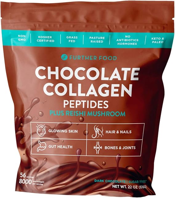 Further Food Dark Chocolate Collagen Peptides Powder Plus Reishi Mushroom 56 Servings 8,000 mg of Hydrolyzed Grass Fed,Keto, Paleo, Sugar Free