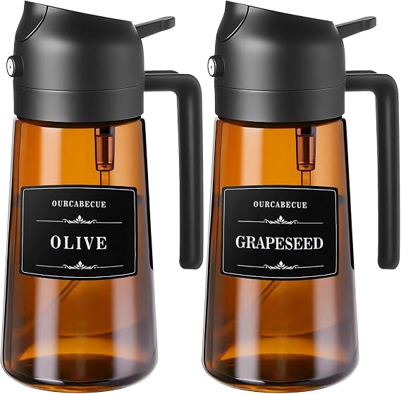 Olive Oil Sprayer & Dispenser for Cooking, 16oz Dark Glass Oil Mister, 2PC