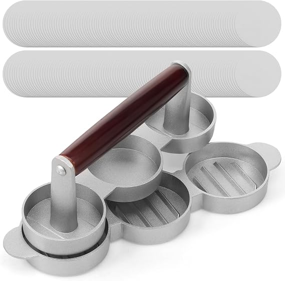 Mini Burger Press Small Meat Patty Maker with 200 or 300 Paper Round Shape Press Patty Maker for Mini Hamburger Barbecue Picnic Camping Three or Six 2.64 inch Mold (3 or 6 Slot)(silver-1-3 Cells)