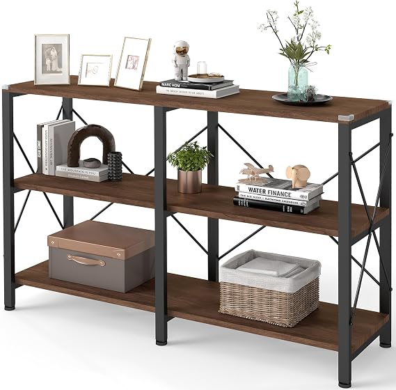 47" 3 Tier Low Rustic Industrial Bookshelf,Walnut | Skandiquip 3 Tier Industrial Low Bookshelf, Rustic Farmhouse Metal Wood Bookcase for Home Office, Den & Living Room