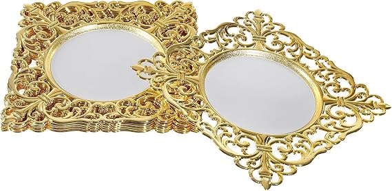 12" Premium Plastic Plates, 6Pcs Mirror Plate Chargers Square Floral Plates with Embossed Rims for Dinner Plates, Table Setting, Kitchen Party Wedding Decoration (Gold)