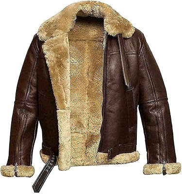 Mens Faux Fur Shearling Bomber Aviator B3 Sheepskin Leather Jacket
