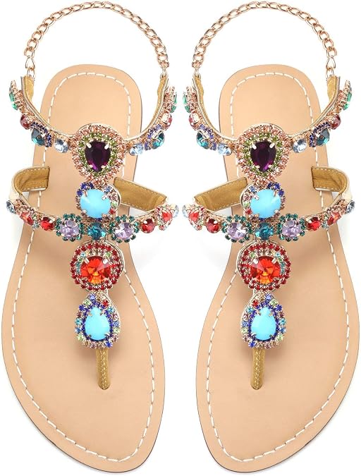 Women's Rhinestone Flat Sandals, Women Flip Flops with Clip Toe RingBeadeed Rhinestone Crystal Jeweled Sandal Shoes for Summer Beach Oceanside Holiday Outdoor