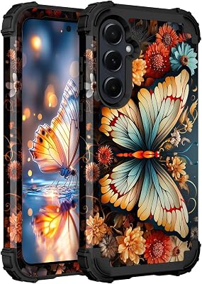 Hocase for Galaxy A35 5G Case, Heavy Duty Shockproof Protection Soft Silicone Rubber BumperHard Plastic Hybrid Protective Case for Samsung Galaxy A35A55 5G 6.6 Display 2024 - Butterfly on Flowers