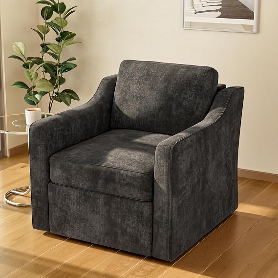 Swivel Accent Chair, Square Swivel Chair for Living Room, Mid Century Modern Upholstered Barrel Chair, Comfy Sofa Armchairs for Bedroom, Nursery, Chenille, Black
