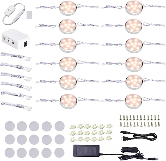 LABOREDUCER Puck Lights Under Cabinet Lighting,12V LED Dimmable Kitchen Counter Lights Wired,Perfect for Closet Shelf Cupboard Bookcase Display Lighting,All Kits Included 12 Pack (Warmwhite)