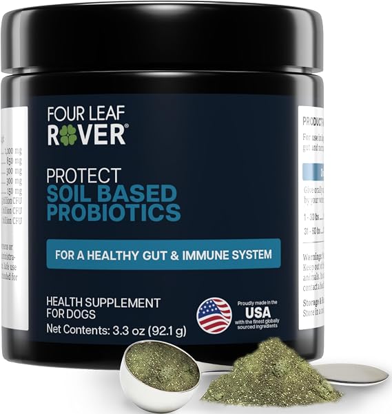 Four Leaf Rover Protect - Probiotics for Dogs - Veterinarian Formulated - with Natural Prebiotics and Antioxidants - Detoxification & Gut Health - 30 Day Large Dog Supply | Organic soil-based probiotics with prebiotics, natural detoxifying clays and antioxidants. Veterinarian formulated.