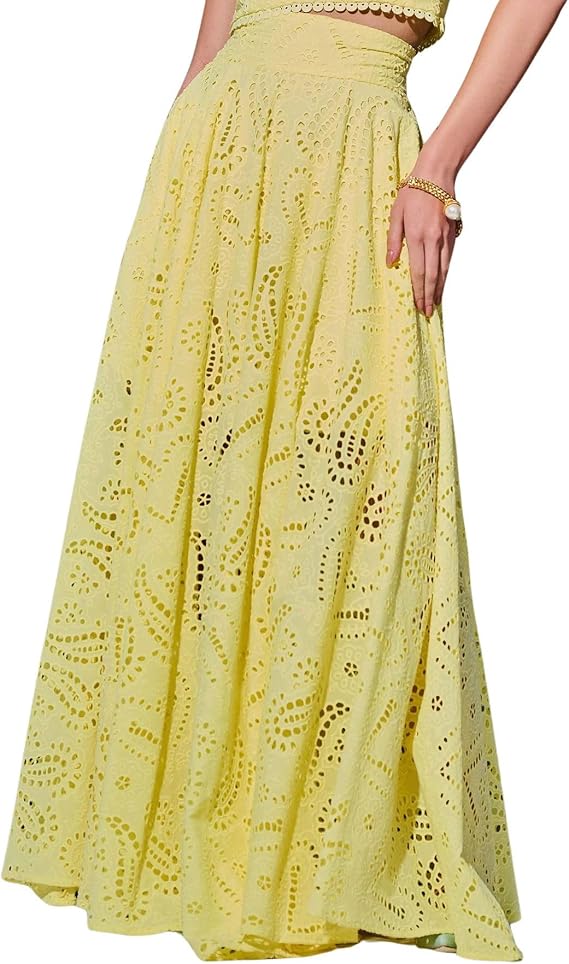 chouyatou Women's Hollow Out Eyelet Maxi Boho Skirt Back Smocked Waist Lace Floral Flowy Long Skirt with Pockets