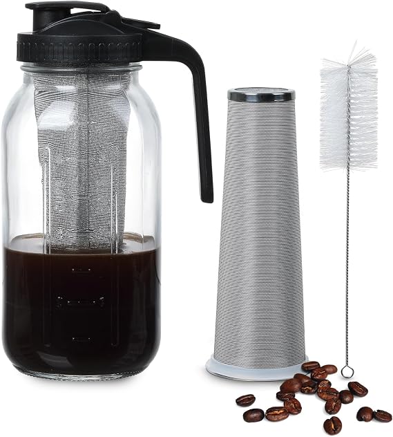 Novelinks 64 OZ Glass Pitcher with Lid, Wide Mouth Mason Jar Pitcher with Filter, Leak-proof Water Jug for Juice, Milk,iced Coffee Lemonade Tea (Black)
