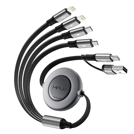 Minlu 6-in-1 Retractable USB Cable, Multi Charger Cable [4ft/1.2m] | USB-A/USB-C Multi Charging Cable with Lightning Data Sync, Retractable Charging Cable for Android Galaxy,iPhone,PS5,Switch