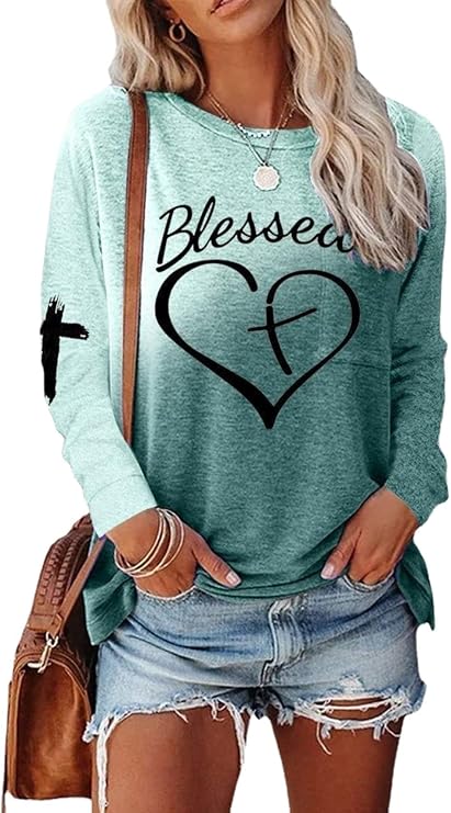 Women's Blessed Letter Long Sleeve Shirt Casual Oversized Faith Jesus Love Cross Crewneck Pullover Top