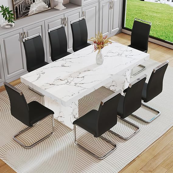 Ebullient Modern Dining Table Set for 8,White Dining Room Table Set for 8,78.7" Faux Marble Kitchen Room Table with 8 Black Leather Chairs,9 Piece Dining Table Set for Dining Room Kitchen