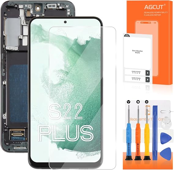 AGCUT LCD Display für Samsung Galaxy S22+ Bildschirmersatz für Samsung S22 Plus SM-S906B SM-S906U 66 LCD Screen Touchscreen Digitizer Assembly + Reparatur (Schwarz mit Rahmen keinen Fingerabdruck)