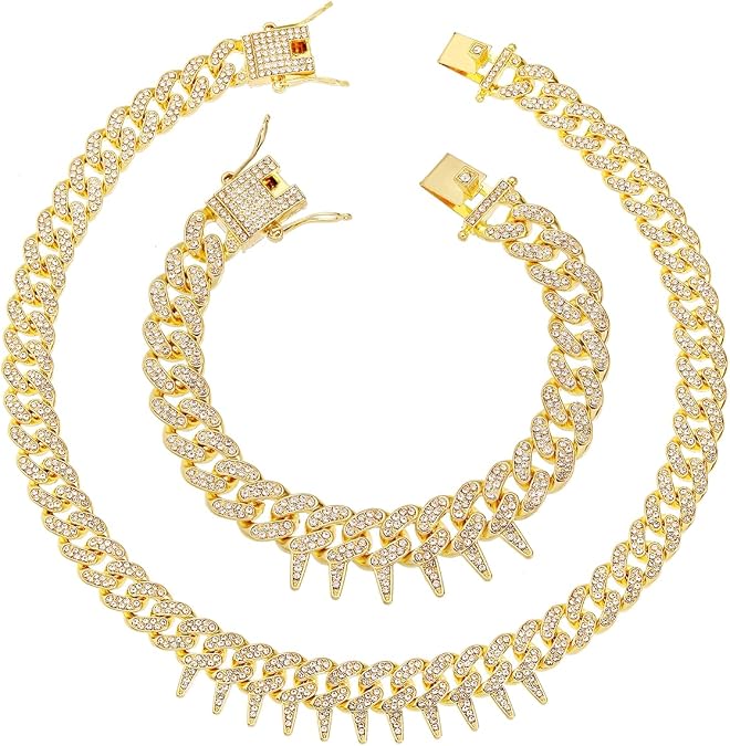 HH BLING EMPIRE Mens Gold Silver Plated Spike Cuban Link Chain Necklace and Bracelet Sets, Chunky Iced Out Diamond Miami Cuban Link Chains Hip Hop Jewelry