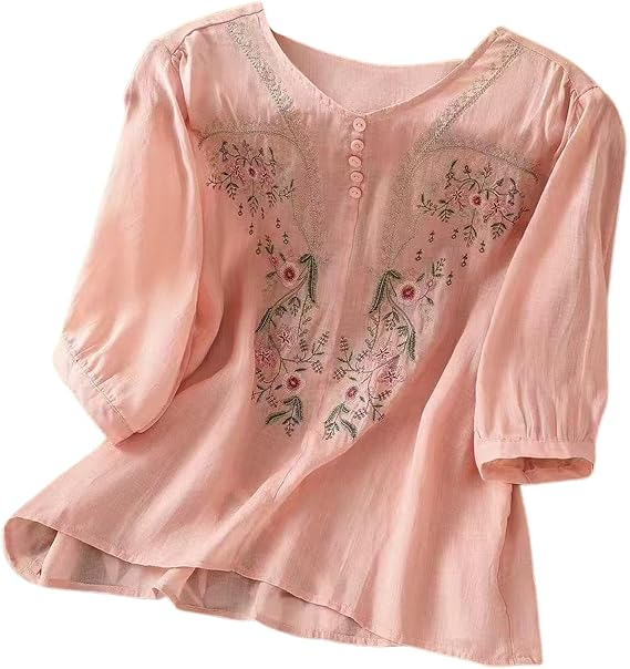 Embroidered Tops for Women Floral Cotton Linen Tunic Tshirt Peasant Tee Women 3/4 Sleeve V Neck Button Boho Ethnic