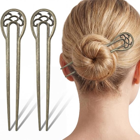 Chuangdi 2 Pcs French Hair Pins, Metal U Shaped Vintage Hair Fork for Women