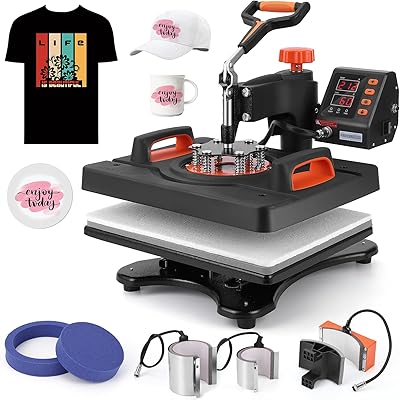 Heat Press Machine, Towallmark 12 X 15 inch, 6 in1 Heat Press, 800W Sublimation Machine, 360 Rotation Swing-Away Heat Press, Dual-Tube Heating Printing for DIY T-Shirts Cap Mugs