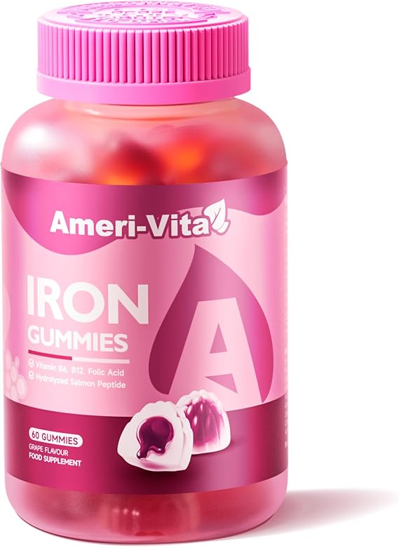 Heme Iron Supplement Gummies for Women 100mg Anemia Men with Vitamins C B12 B6 Folate Salmon Peptides Sugar-Free Non-Constipating Red Grape Flavor Women's Multivitamin with Gentle Iron 120Count
